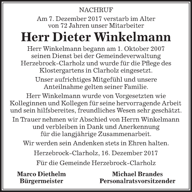  Traueranzeige für Dieter Winkelmann vom 16.12.2017 aus Die Glocke