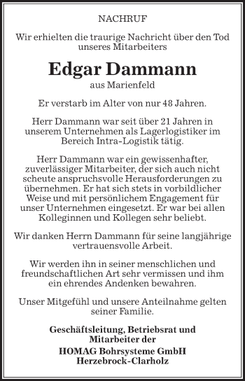 Traueranzeige von Edgar Dammann von Die Glocke
