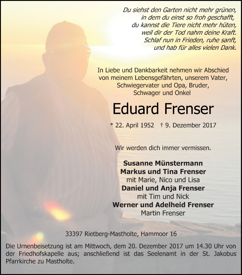  Traueranzeige für Eduard Frenser vom 14.12.2017 aus Die Glocke