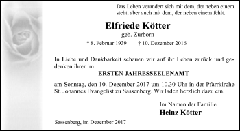 Traueranzeige von Elfriede Kötter von Die Glocke
