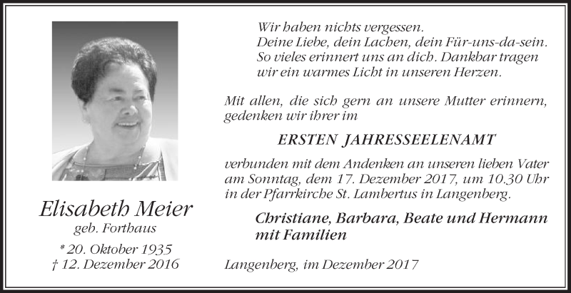  Traueranzeige für Elisabeth Meier vom 09.12.2017 aus Die Glocke