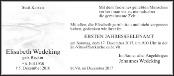 Traueranzeige von Elisabeth Wedeking von Die Glocke