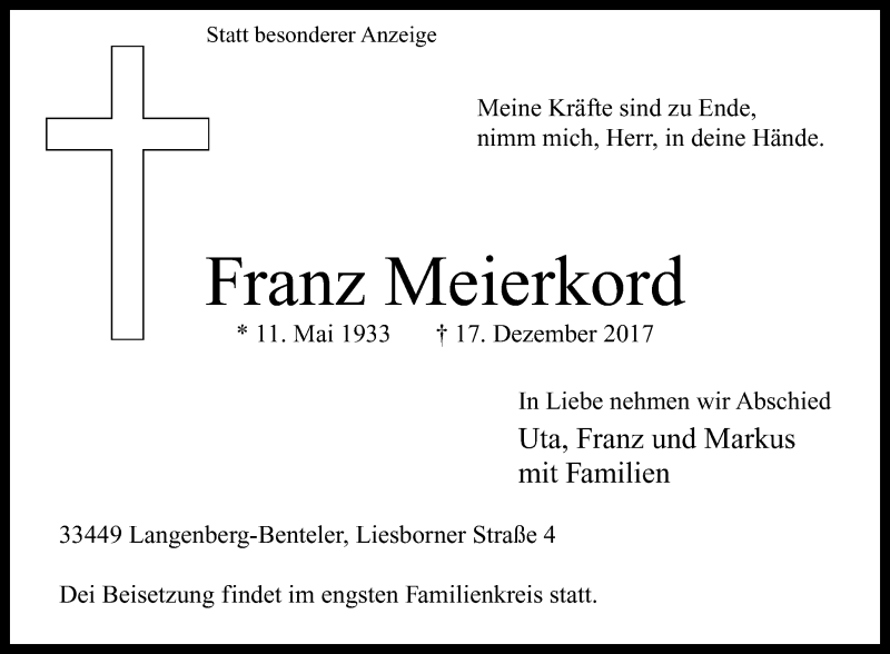  Traueranzeige für Franz Meierkord vom 23.12.2017 aus Die Glocke