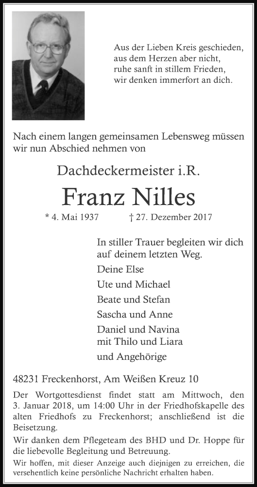  Traueranzeige für Franz Nilles vom 30.12.2017 aus Die Glocke