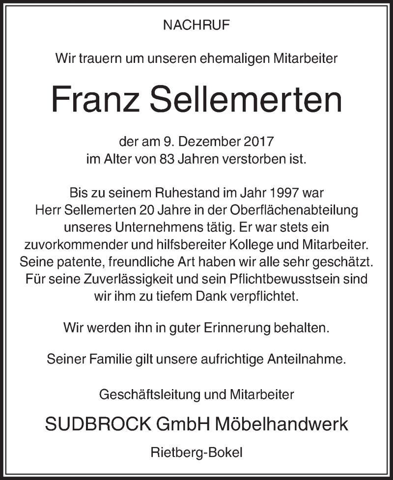  Traueranzeige für Franz Sellemerten vom 14.12.2017 aus Die Glocke