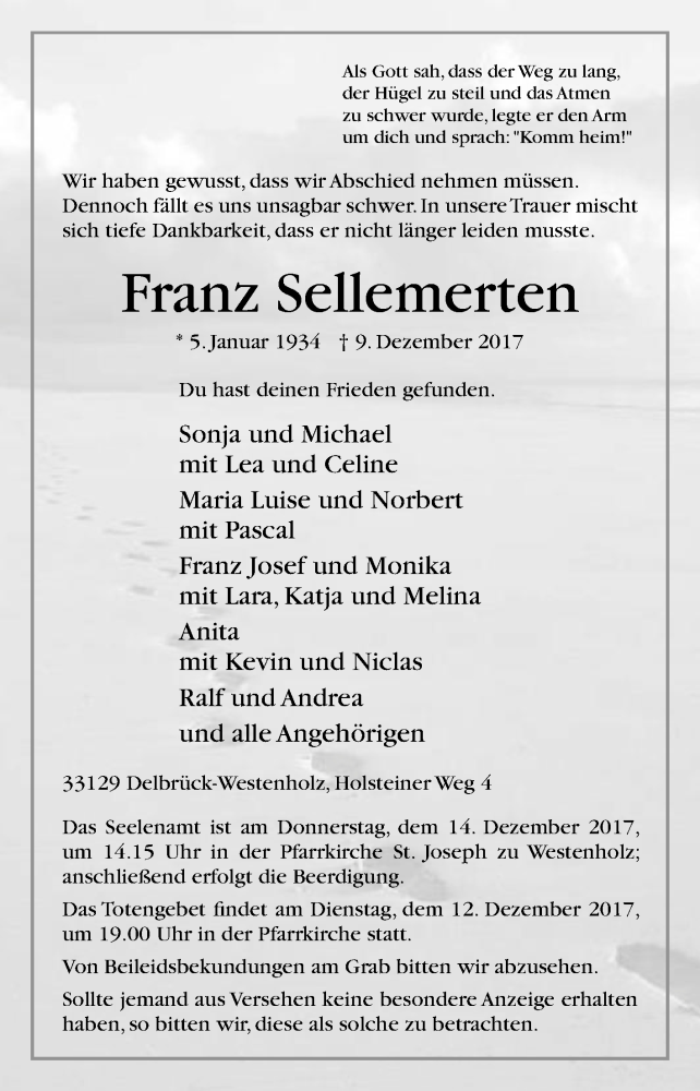  Traueranzeige für Franz Sellemerten vom 12.12.2017 aus Die Glocke