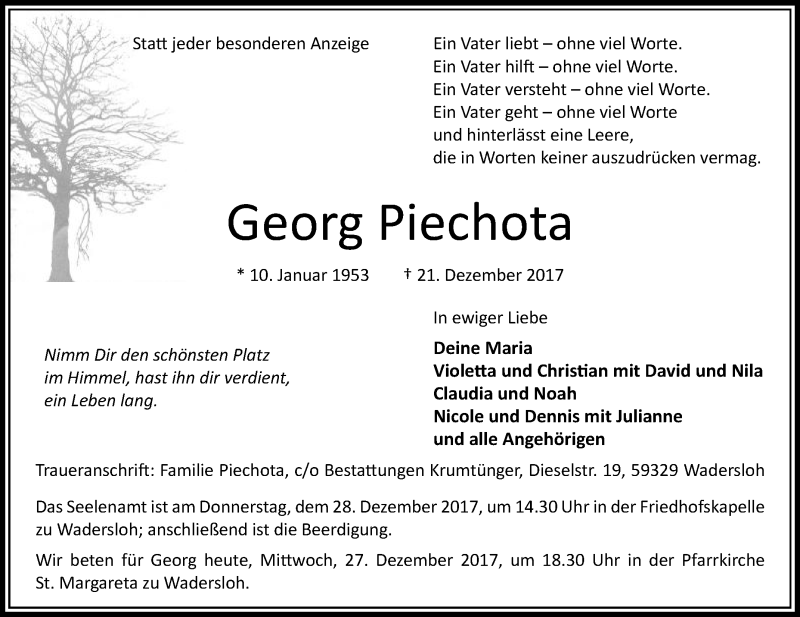  Traueranzeige für Georg Piechota vom 27.12.2017 aus Die Glocke