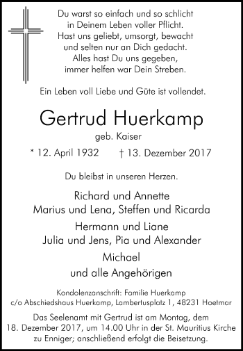 Traueranzeige von Gertrud Huerkamp von Die Glocke