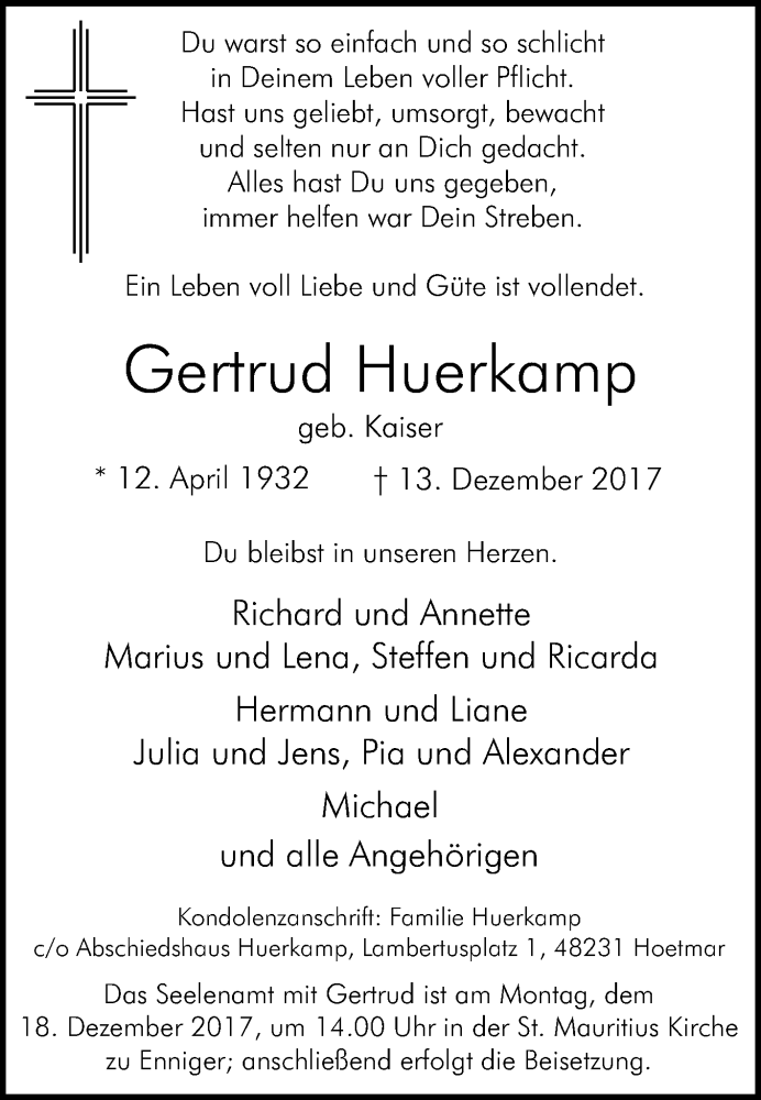  Traueranzeige für Gertrud Huerkamp vom 16.12.2017 aus Die Glocke