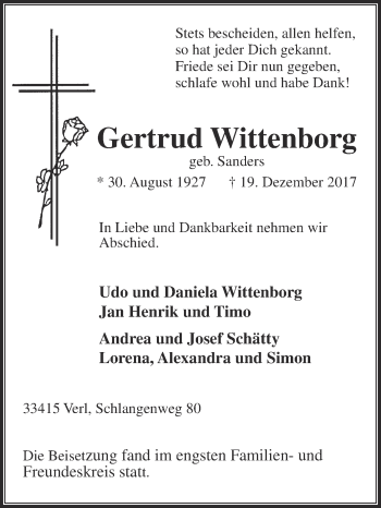 Traueranzeige von Gertrud Wittenborg von Die Glocke