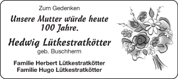 Traueranzeige von Hedwig Lütkestratkötter von Die Glocke
