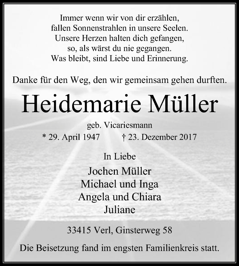  Traueranzeige für Heidemarie Müller vom 30.12.2017 aus Die Glocke