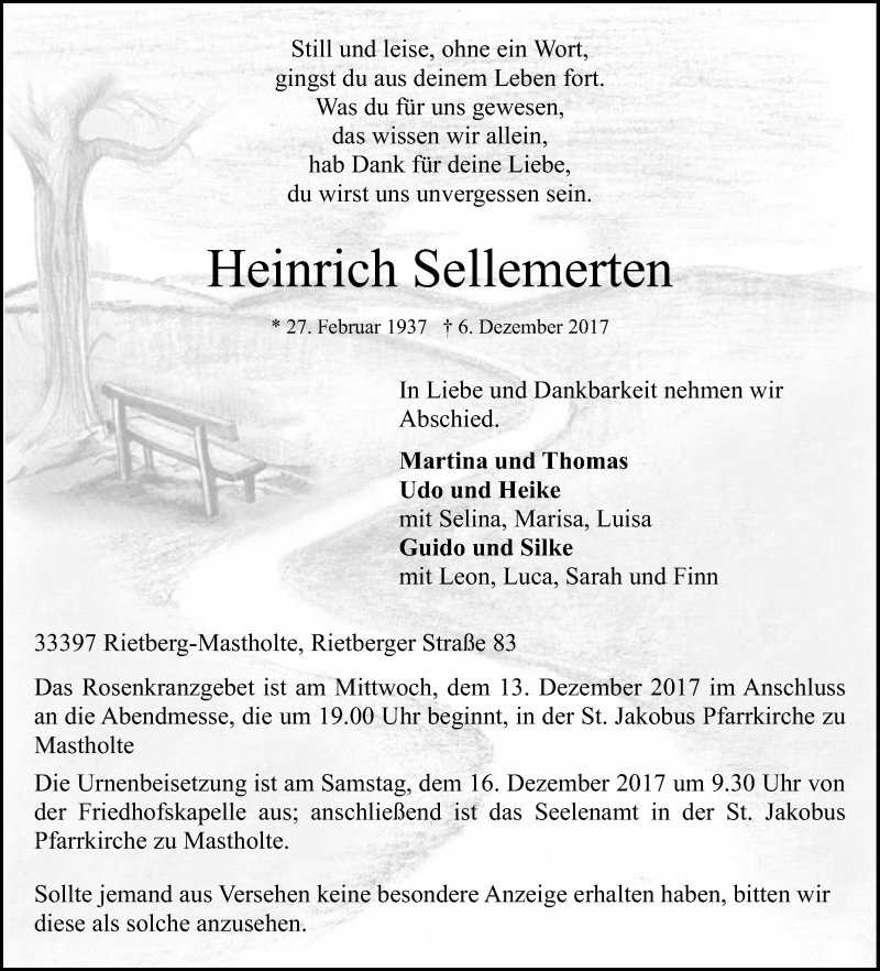  Traueranzeige für Heinrich Sellemerten vom 09.12.2017 aus Die Glocke