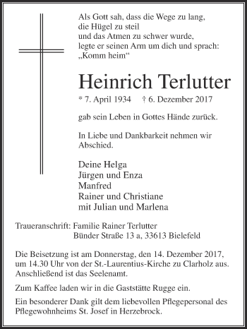 Traueranzeige von Heinrich Terlutter von Die Glocke