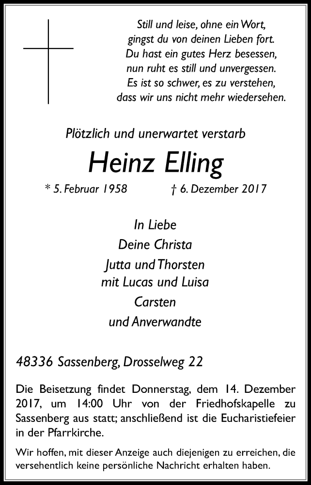  Traueranzeige für Heinz Elling vom 12.12.2017 aus Die Glocke