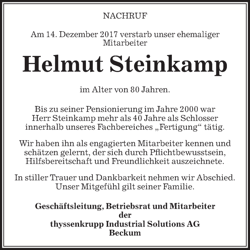  Traueranzeige für Helmut Steinkamp vom 27.12.2017 aus Die Glocke