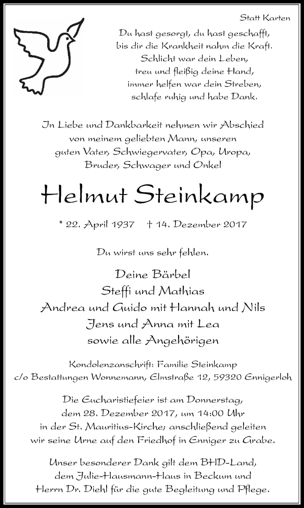  Traueranzeige für Helmut Steinkamp vom 23.12.2017 aus Die Glocke