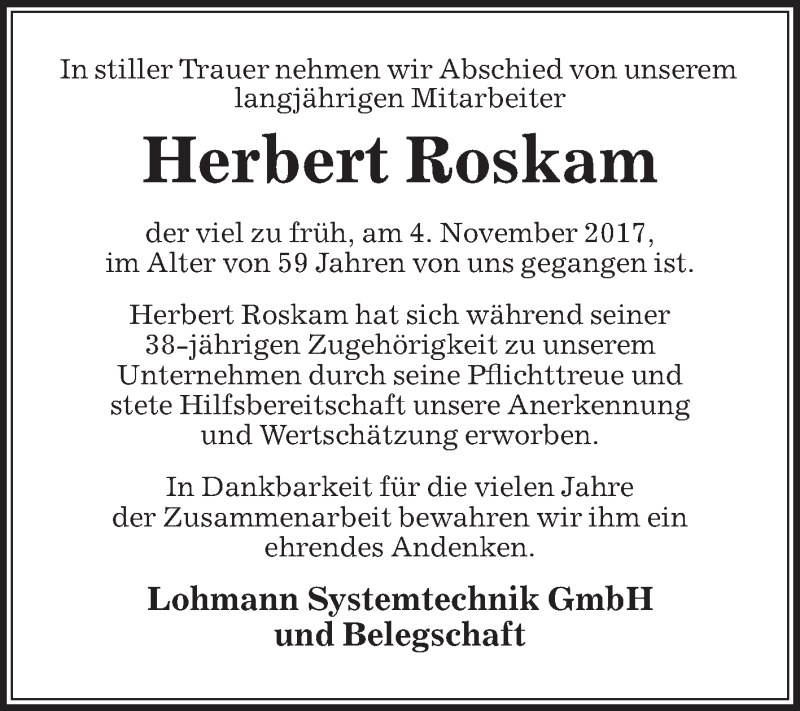 Traueranzeige für Herbert Roskam vom 02.12.2017 aus Die Glocke