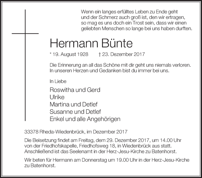  Traueranzeige für Hermann Bünte vom 27.12.2017 aus Die Glocke
