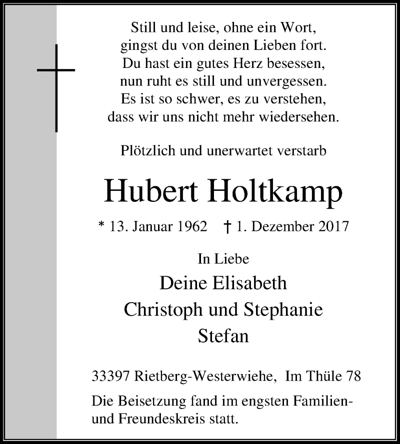 Traueranzeige für Hubert Holtkamp vom 07.12.2017 aus Die Glocke