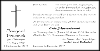 Traueranzeige von Irmgard Przemek von Die Glocke