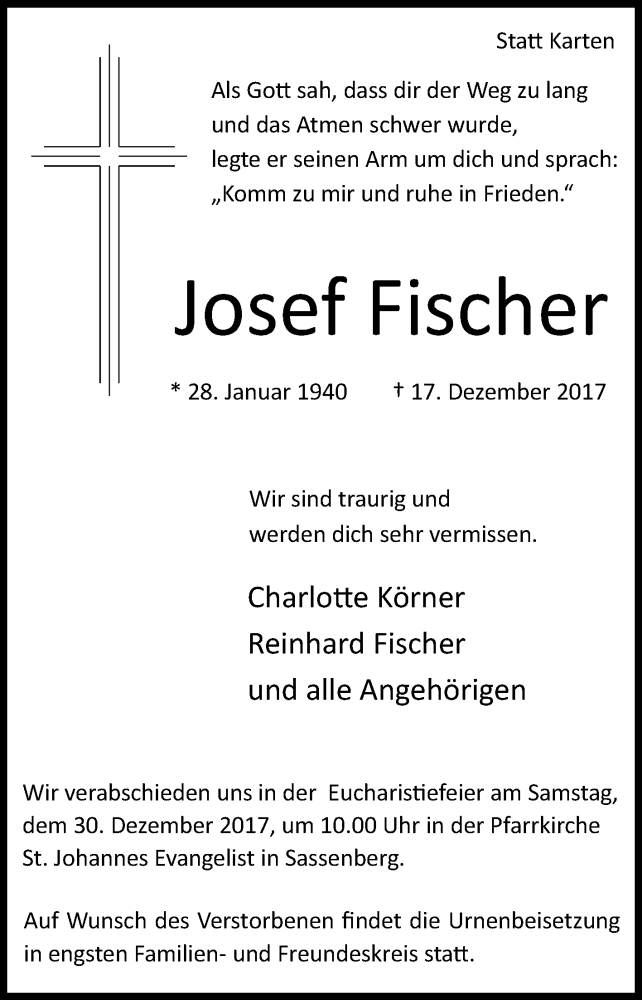  Traueranzeige für Josef Fischer vom 23.12.2017 aus Die Glocke