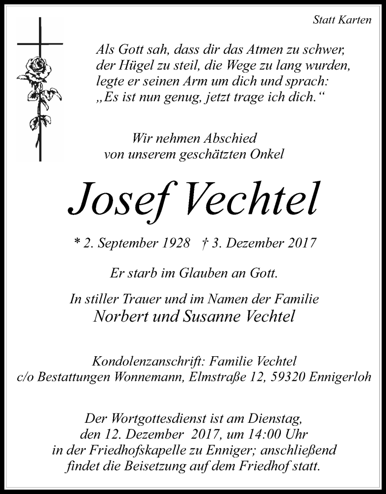  Traueranzeige für Josef Vechtel vom 07.12.2017 aus Die Glocke