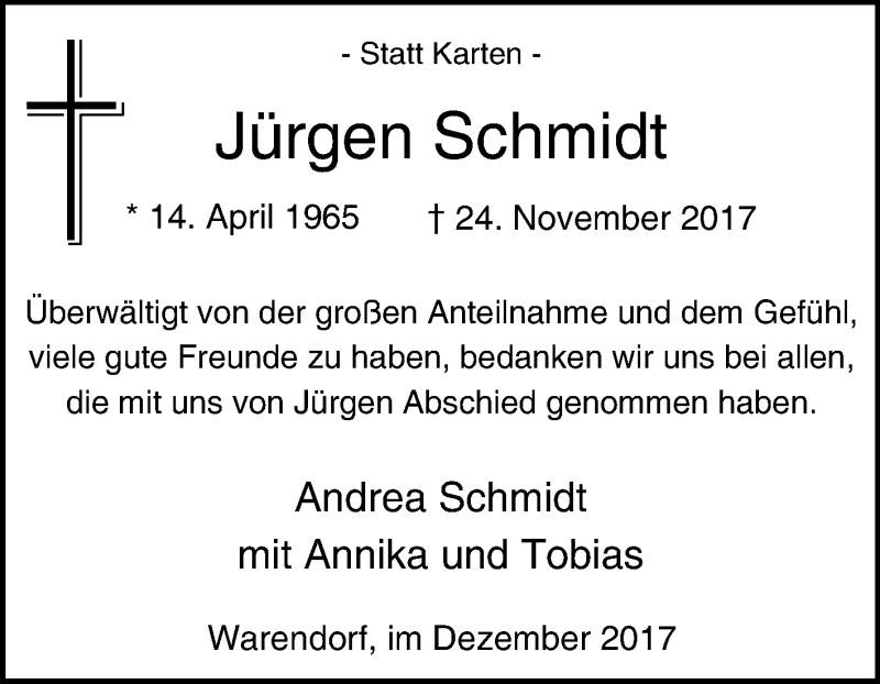 Traueranzeige für Jürgen Schmidt vom 22.12.2017 aus Die Glocke