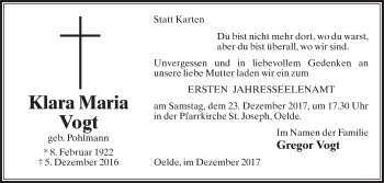 Traueranzeige von Klara Maria Vogt von Die Glocke