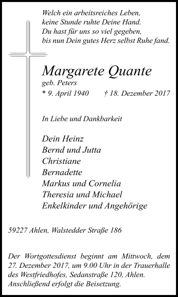 Traueranzeige von Margarete Quante von Die Glocke