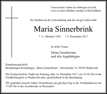 Traueranzeige von Maria Sinnerbrink von Die Glocke