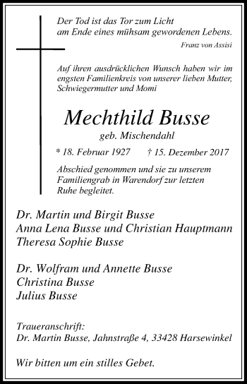 Traueranzeige von Mechthild Busse von Die Glocke