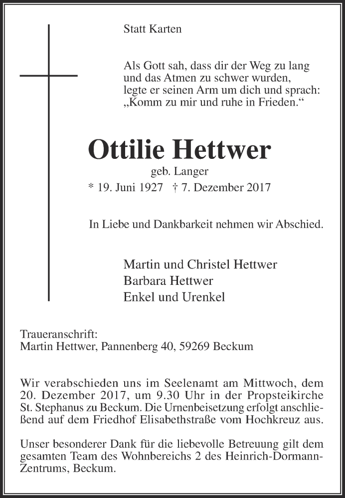  Traueranzeige für Ottilie Hettwer vom 16.12.2017 aus Die Glocke