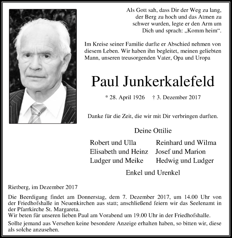  Traueranzeige für Paul Junkerkalefeld vom 05.12.2017 aus Die Glocke
