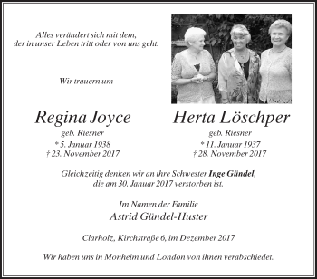 Traueranzeige von Regina und Herta  von Die Glocke