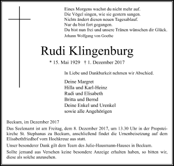 Traueranzeige von Rudi Klingenburg von Die Glocke
