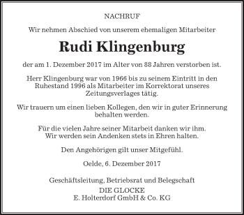 Traueranzeige von Rudi Klingenburg von Die Glocke