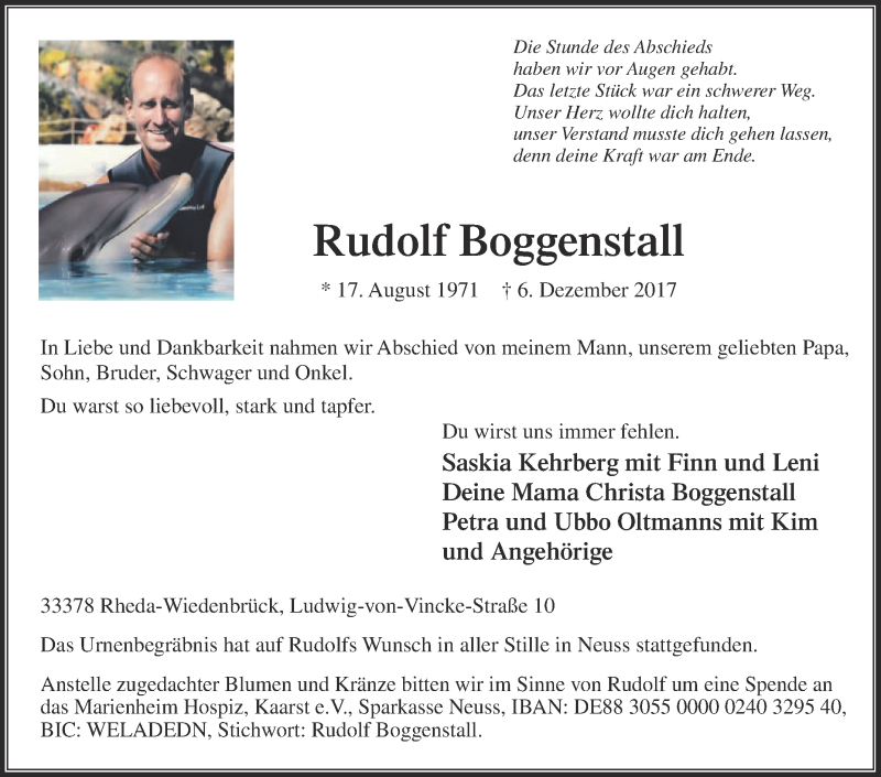  Traueranzeige für Rudolf Boggenstall vom 16.12.2017 aus Die Glocke