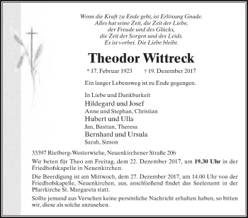 Traueranzeige von Theodor Wittreck von Die Glocke