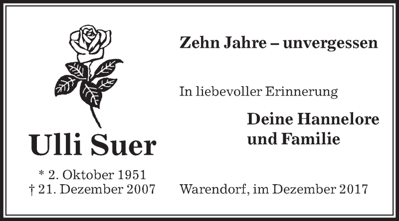  Traueranzeige für Ulli Suer vom 21.12.2017 aus Die Glocke