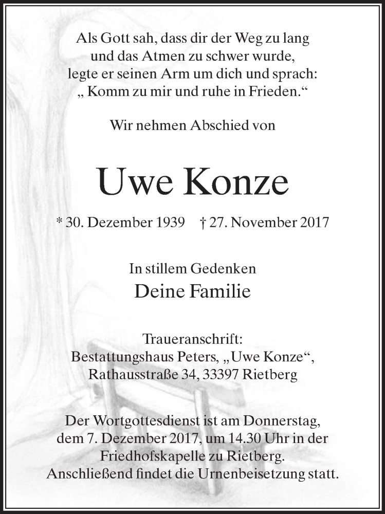  Traueranzeige für Uwe Konze vom 02.12.2017 aus Die Glocke