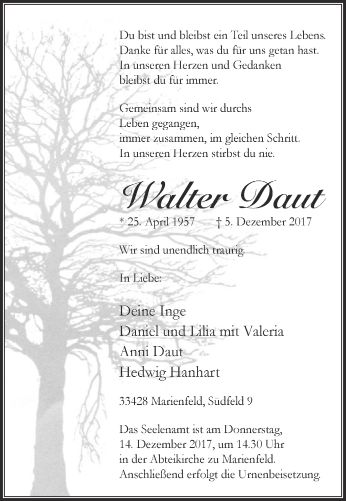  Traueranzeige für Walter Daut vom 09.12.2017 aus Die Glocke