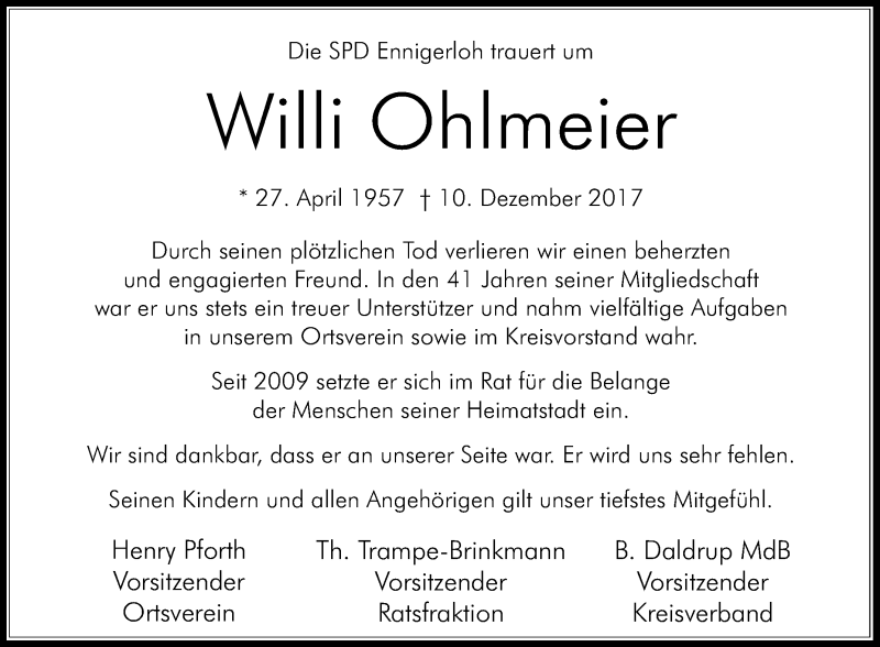  Traueranzeige für Willi Ohlmeier vom 14.12.2017 aus Die Glocke