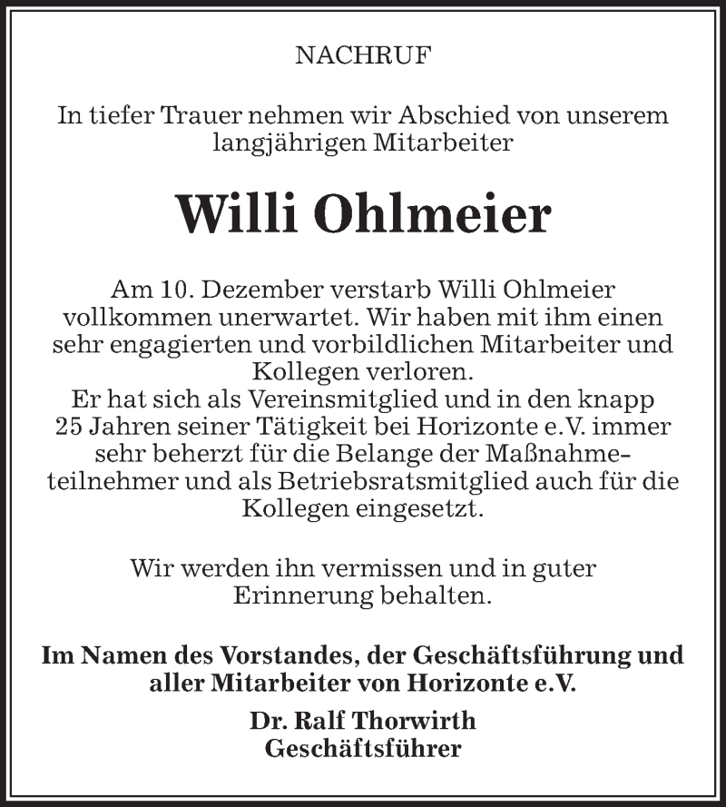  Traueranzeige für Willi Ohlmeier vom 15.12.2017 aus Die Glocke