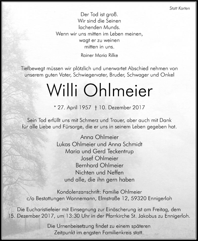  Traueranzeige für Willi Ohlmeier vom 13.12.2017 aus Die Glocke