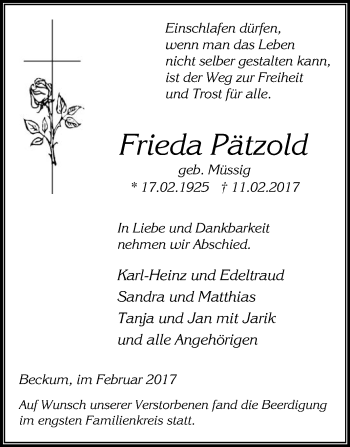 Traueranzeige von Frieda Pätzold von Die Glocke