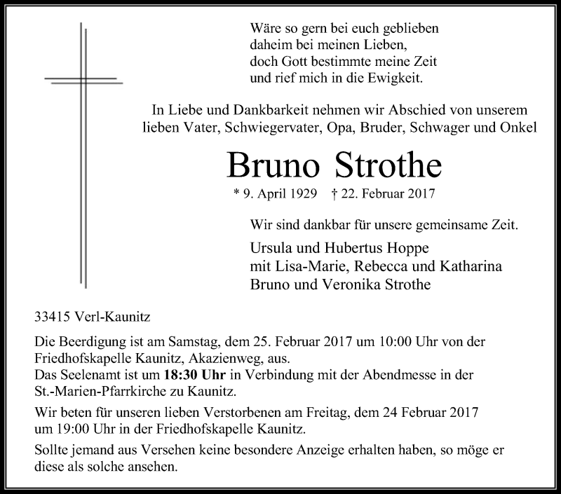  Traueranzeige für Bruno Strothe vom 23.02.2017 aus Die Glocke