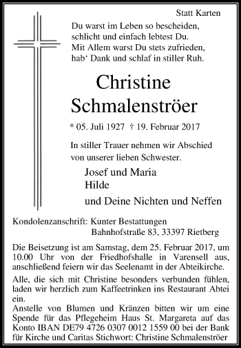 Traueranzeige von Christine Schmalenströer von Die Glocke