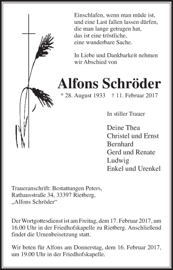 Traueranzeige von Alfons Schröder von Die Glocke