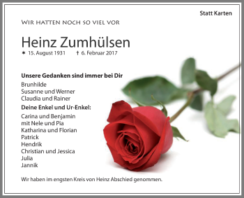 Traueranzeige von Heinz Zumhülsen von Die Glocke